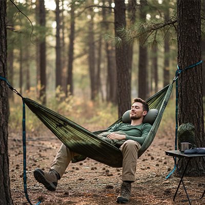 Homme repose hamac suspendu camouflage