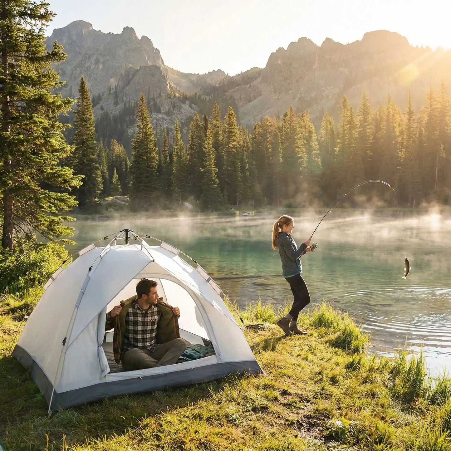 homme retire veste tente 2 secondes femme attrape poisson