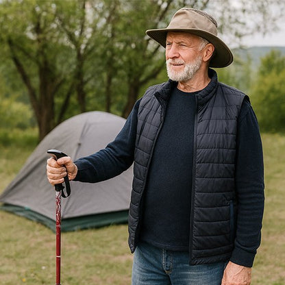 homme souriant tient bâton de marche rouge