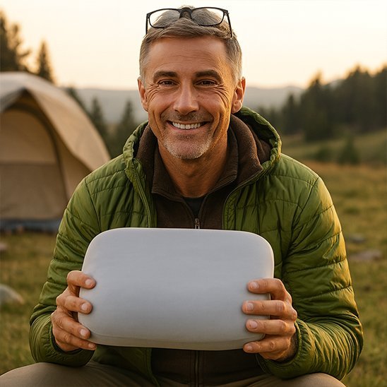 homme souriant tient oreiller de camping