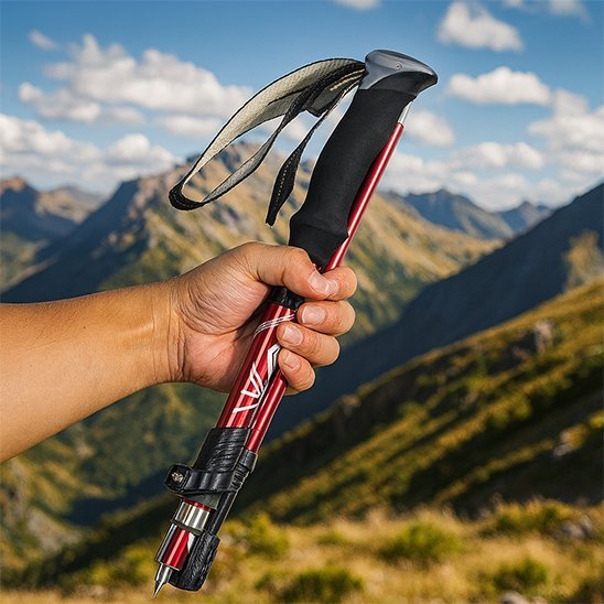 main présente bâton de marche rouge