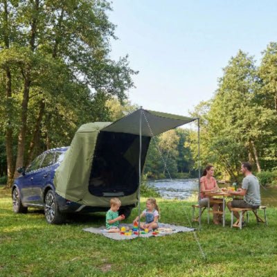 pique nique enfants sous tente voiture parents près rivière